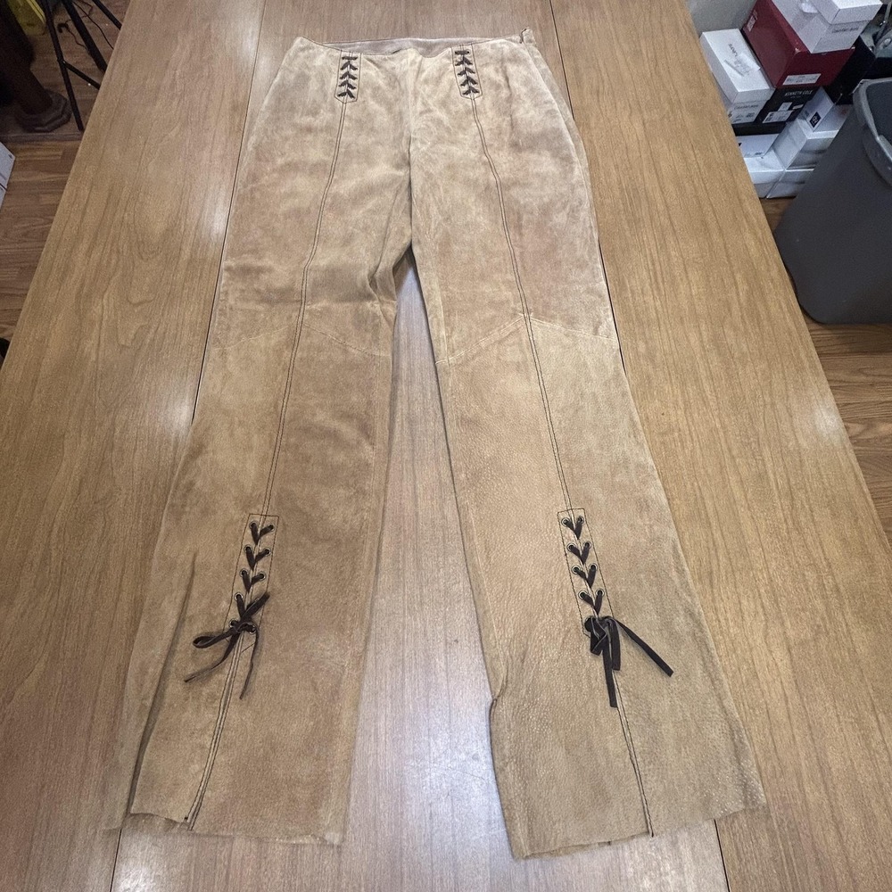 Wilsons Leather Tan Suede Straight Leg Pants with Brown Lace-Up Detail